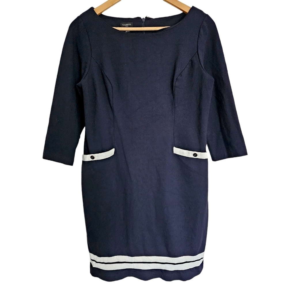 Talbots navy white 3/4‎ sleeve sheath dress